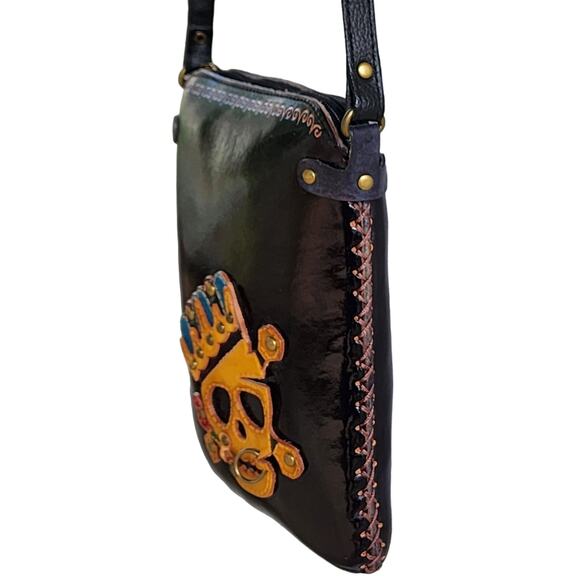 Day of the Dead Black Leather Skull Crossbody Bag Gold Studs Festival Goth NEW - Picture 3 of 11